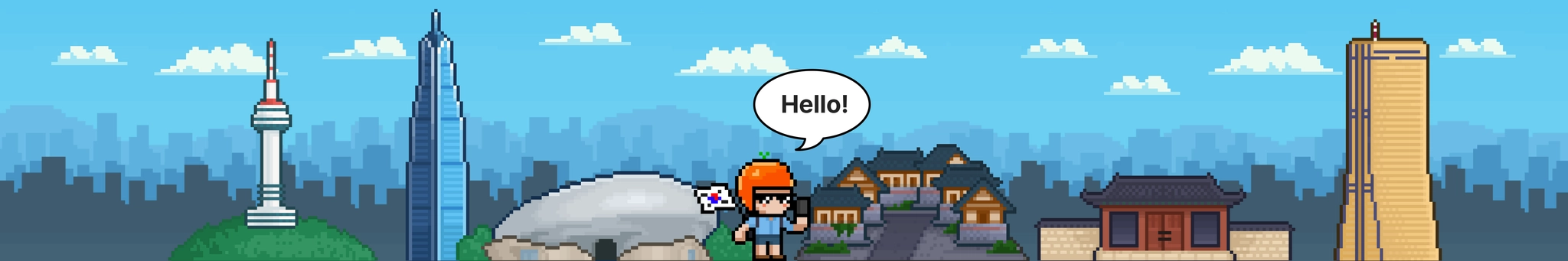 CoinEasy’s original pixel-art Seoul skyline, with EasyBoy and Seoul landmarks